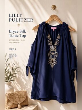 Lilly Pulitzer Bryce Silk Tunic Top True Navy Embroidered Size S